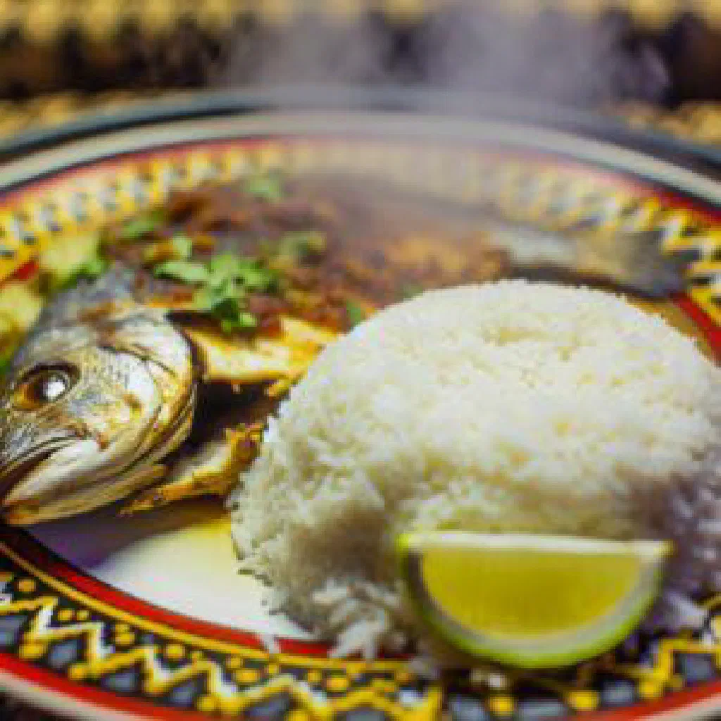 Pan-fried Namibian fish fillet served on fluffy white rice with lemon and herbs