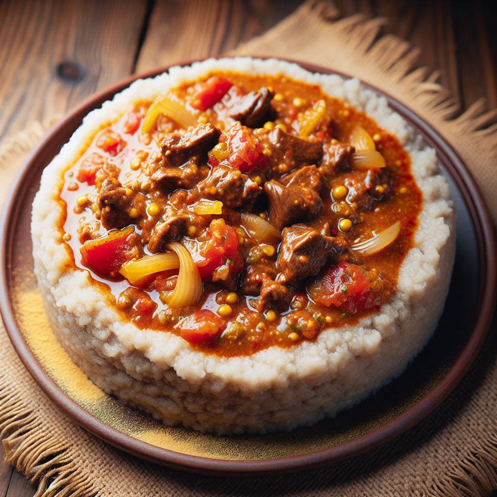 Firm white oshifima maize porridge served with a rich meat sauce and parsley