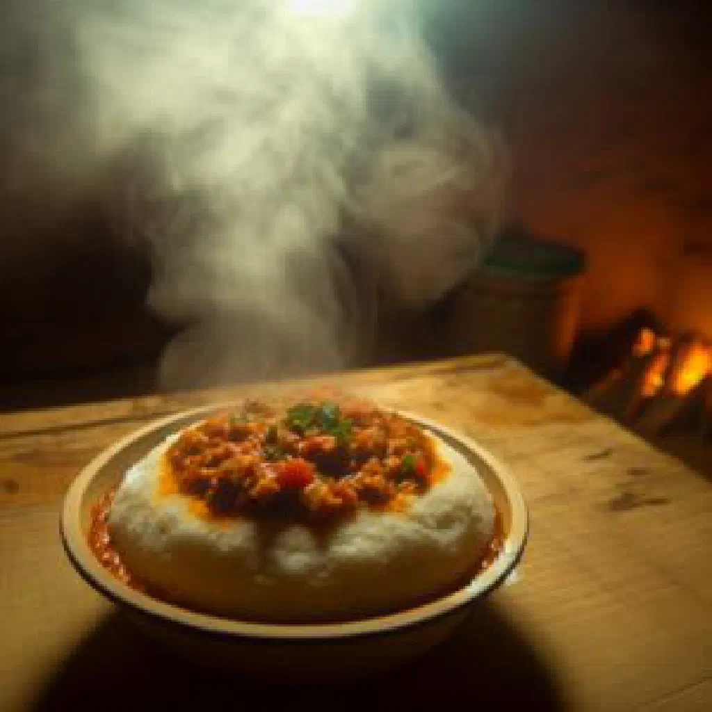 Bowl of creamy white pap maize porridge served with a savoury sauce