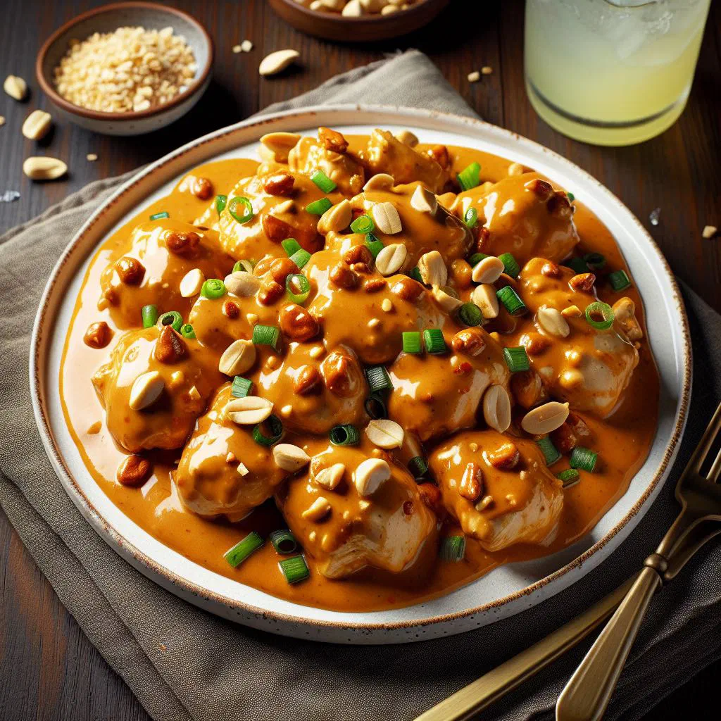 Chicken pieces in a creamy peanut sauce garnished with fresh coriander