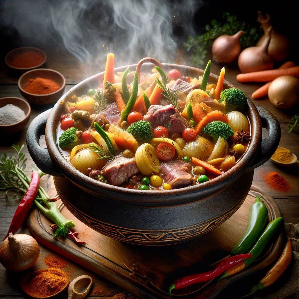 Potjiekos beef and vegetable stew simmering in a black cast-iron pot