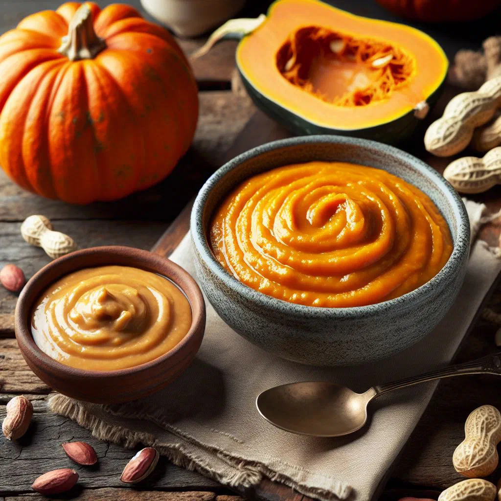 Creamy pumpkin mash topped with peanut sauce and roasted nuts