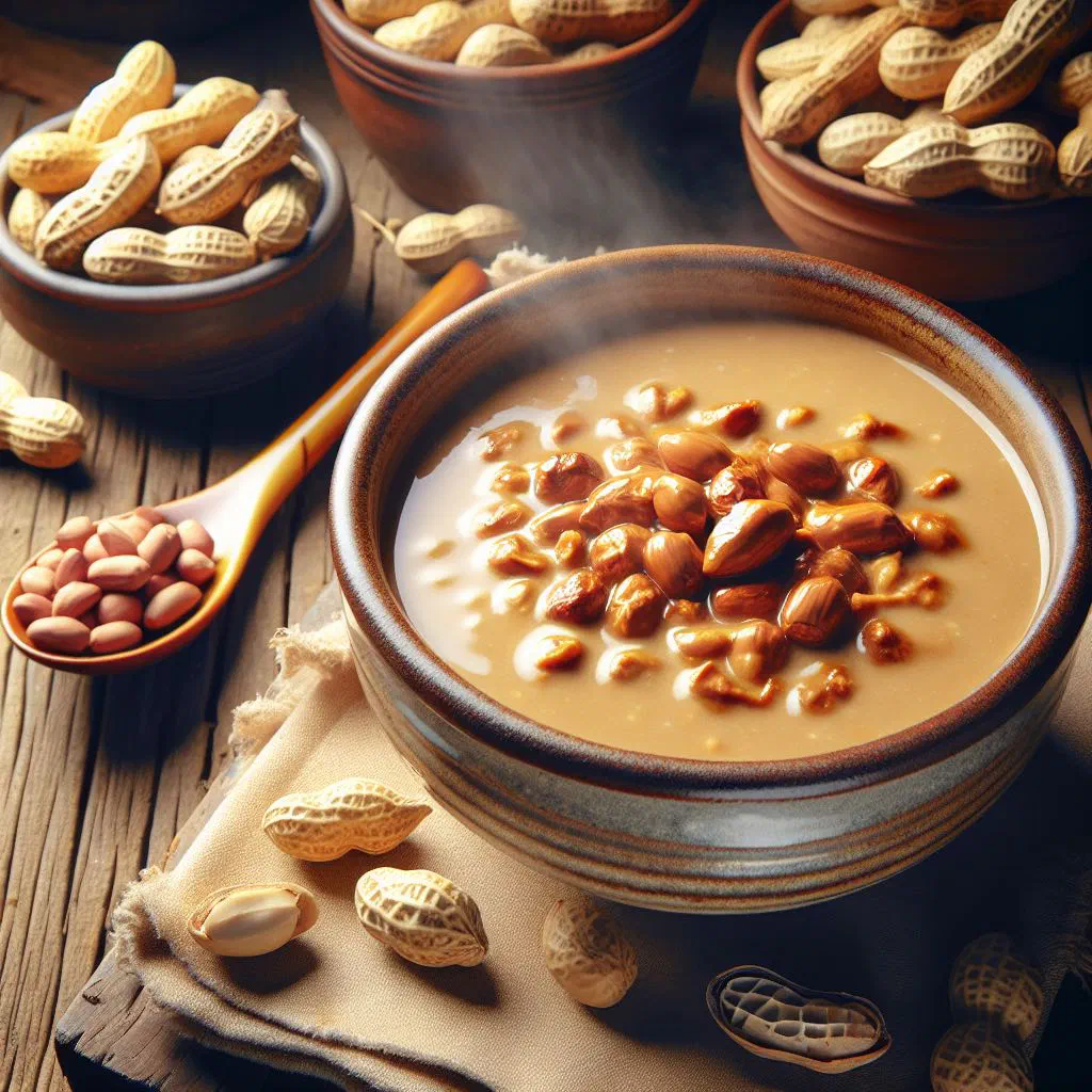 Creamy roasted peanut soup in a bowl topped with chopped peanuts and fresh coriander