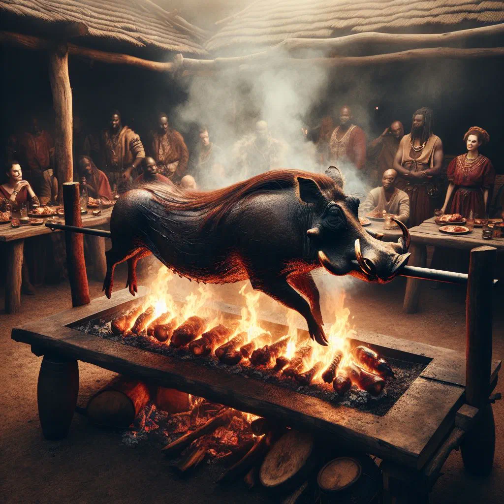 Sliced roasted warthog on a wooden board with fresh herbs