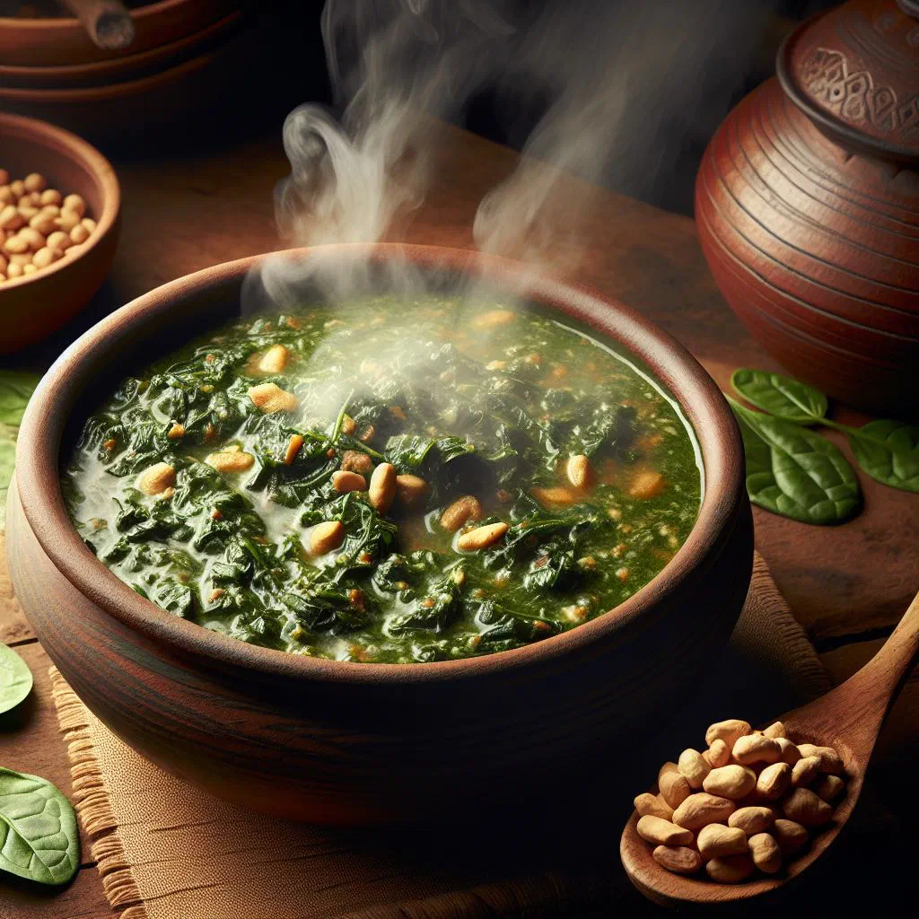Creamy Namibian spinach and groundnut stew in a bowl, topped with roasted peanuts