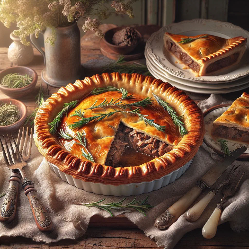 Golden springbok pie with a crisp puff pastry lid, sliced open to show the spiced game filling