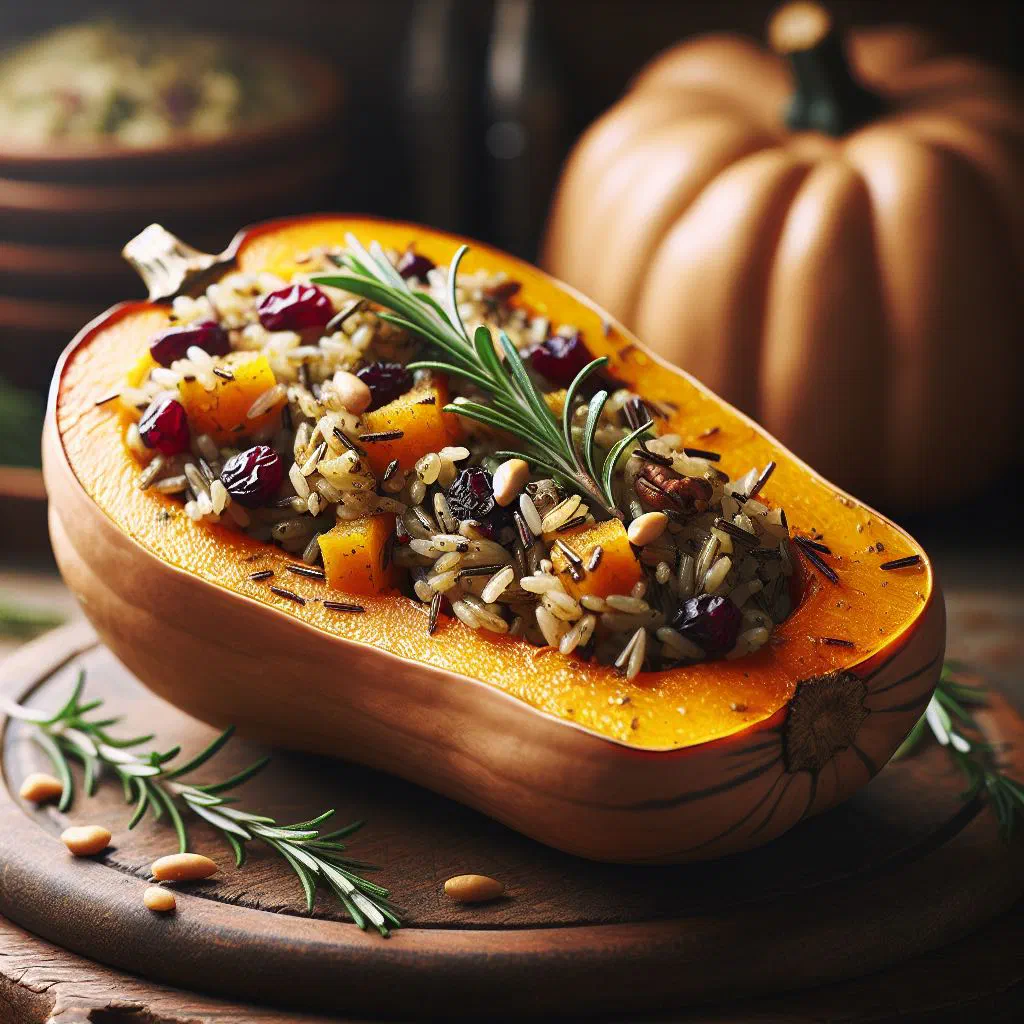 Roasted butternut squash halves filled with quinoa and vegetables