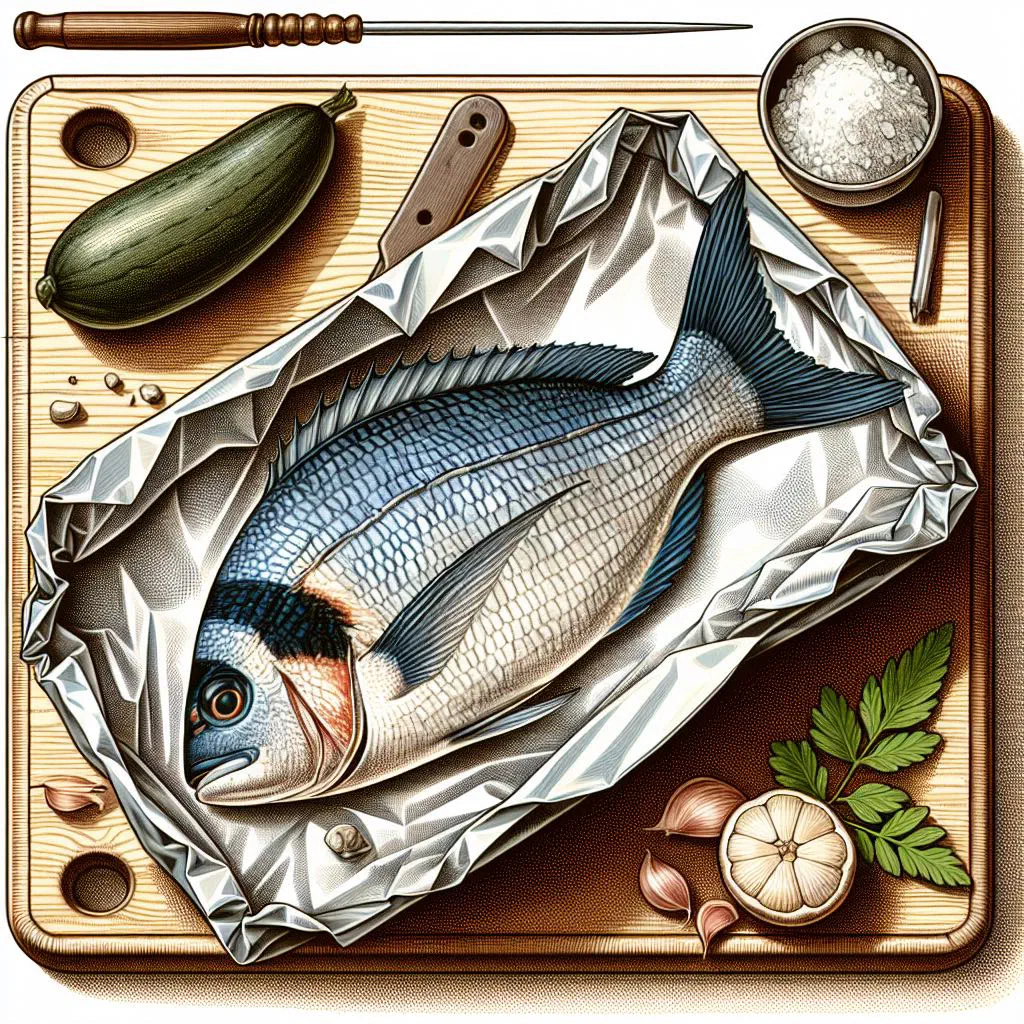 Zambezi bream fillet baked in foil with lemon slices and fresh herbs