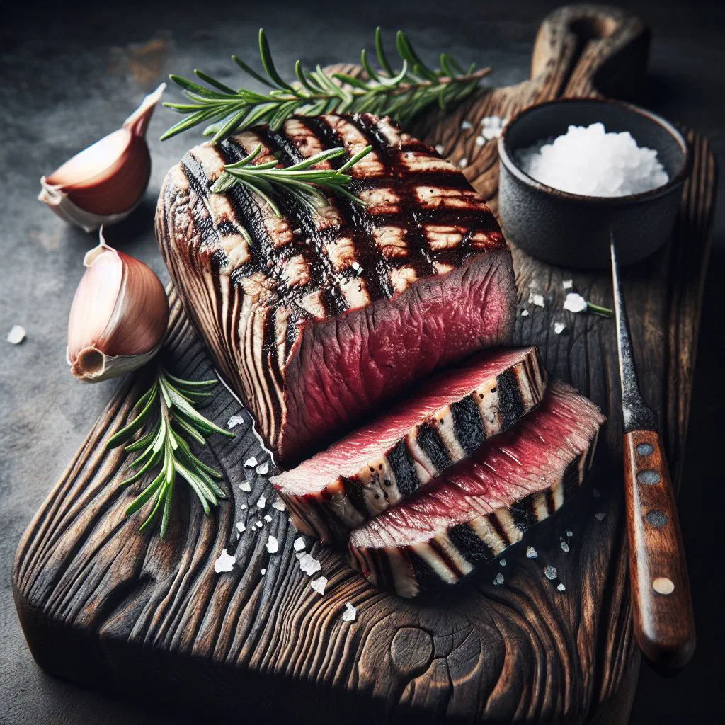Grilled zebra fillet sliced on a wooden board with fresh herbs