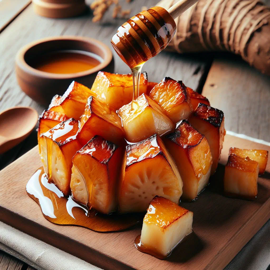 Golden baked taro pieces glazed with honey on a plate