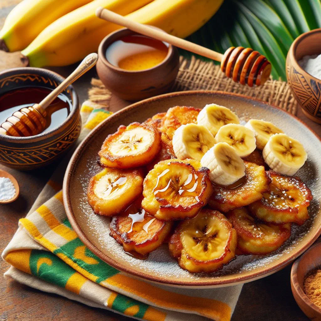 Golden banana fritters dusted with icing sugar on a plate