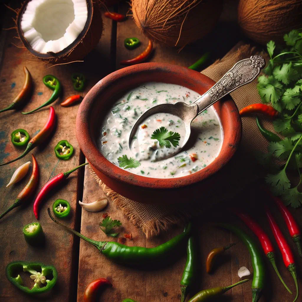 A bowl of fresh coconut chutney garnished with curry leaves