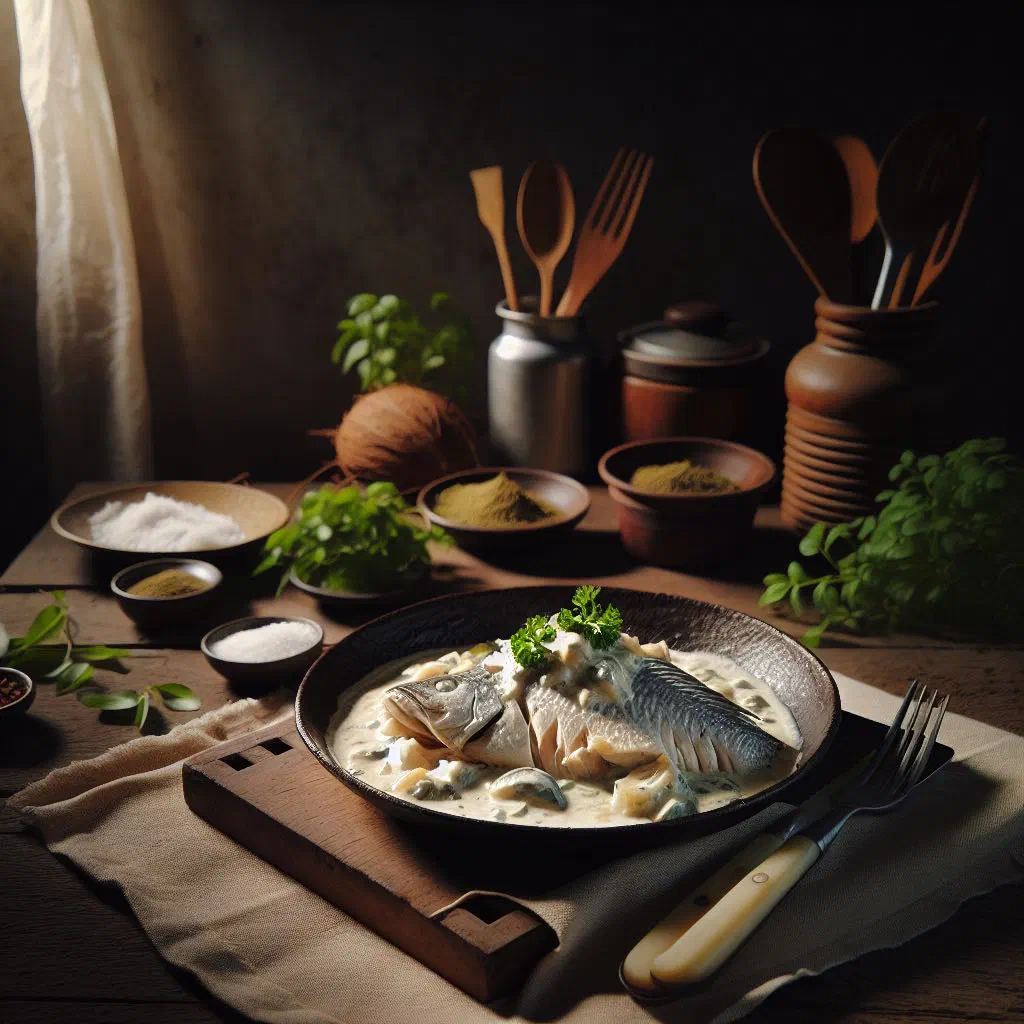 Coconut fish simmered in creamy coconut milk, garnished with fresh coriander and lime