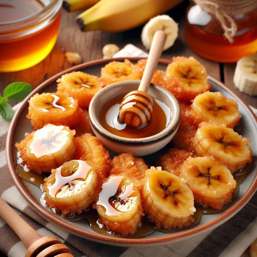 Golden fried banana slices drizzled with honey on a plate