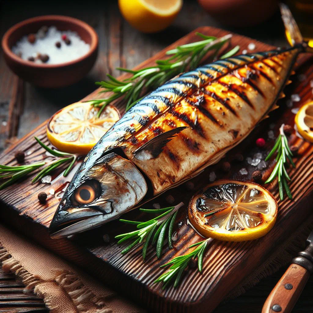 Grilled mackerel garnished with fresh herbs and lime