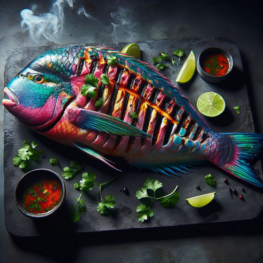 Grilled parrotfish fillets with lemon and fresh herbs
