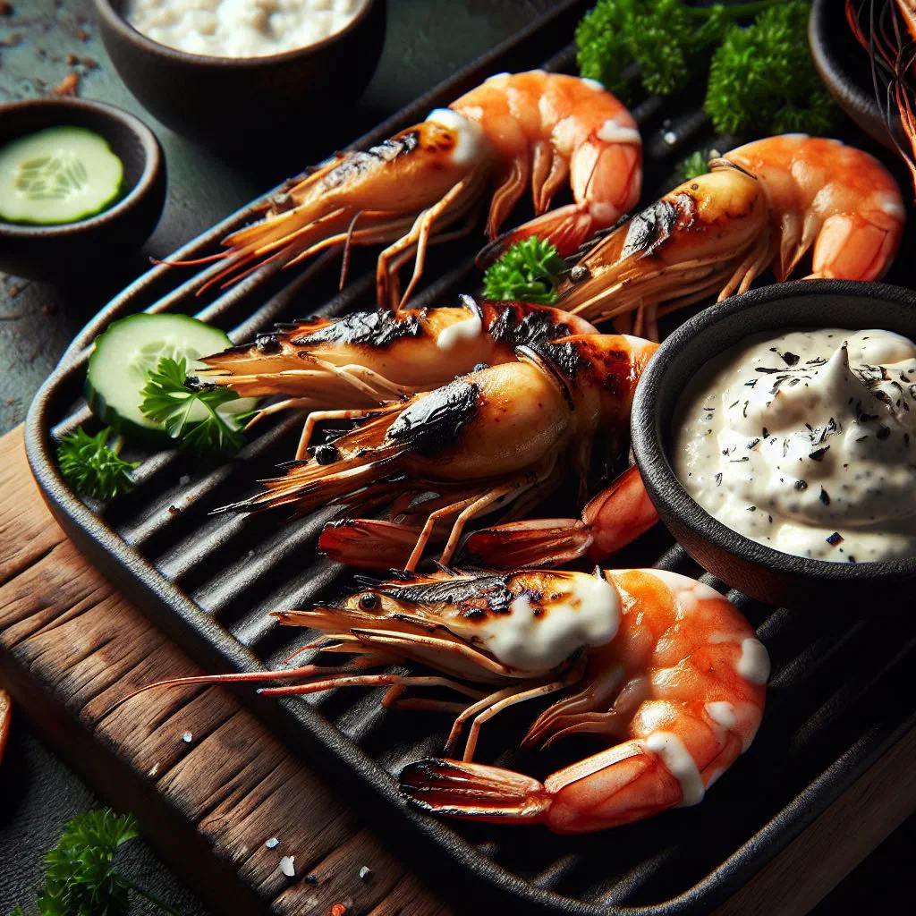 Grilled prawn skewers served with a creamy coconut dip and fresh coriander
