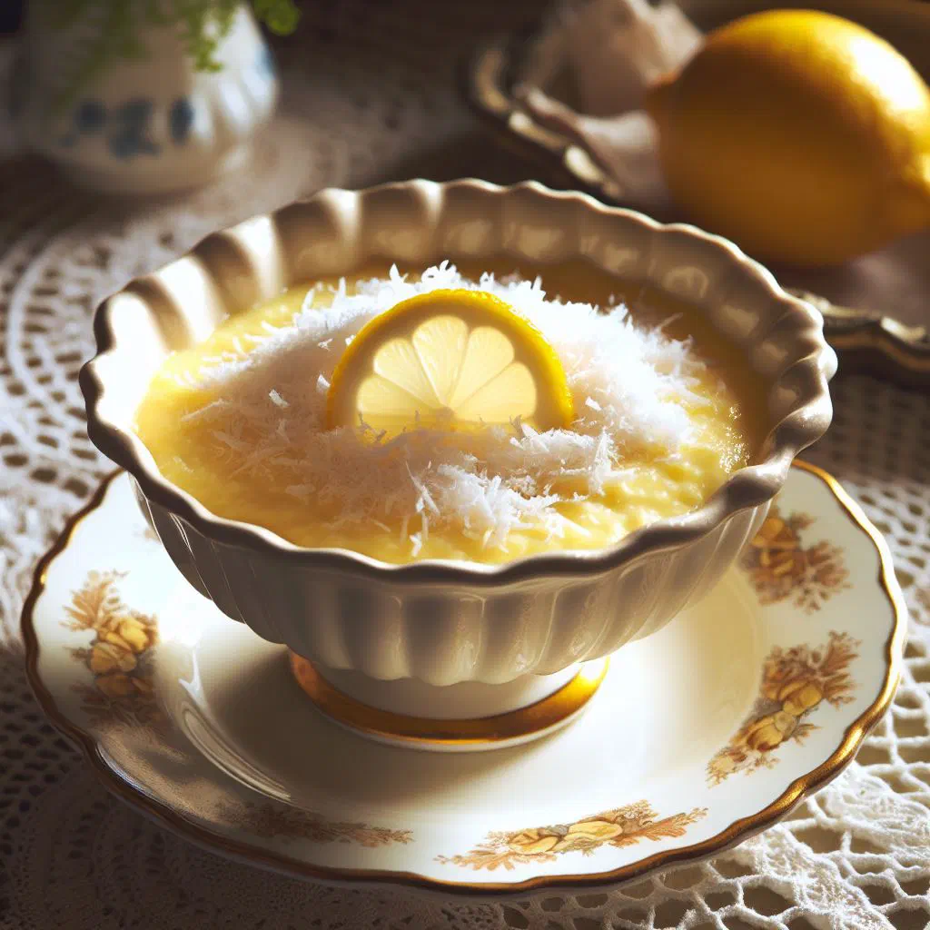 Creamy lemon coconut pudding in a glass topped with toasted coconut flakes