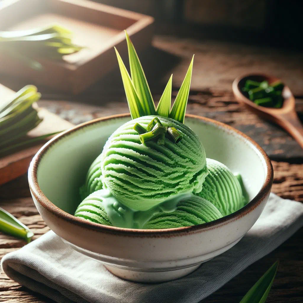 Scoops of creamy pandanus ice cream garnished with toasted coconut
