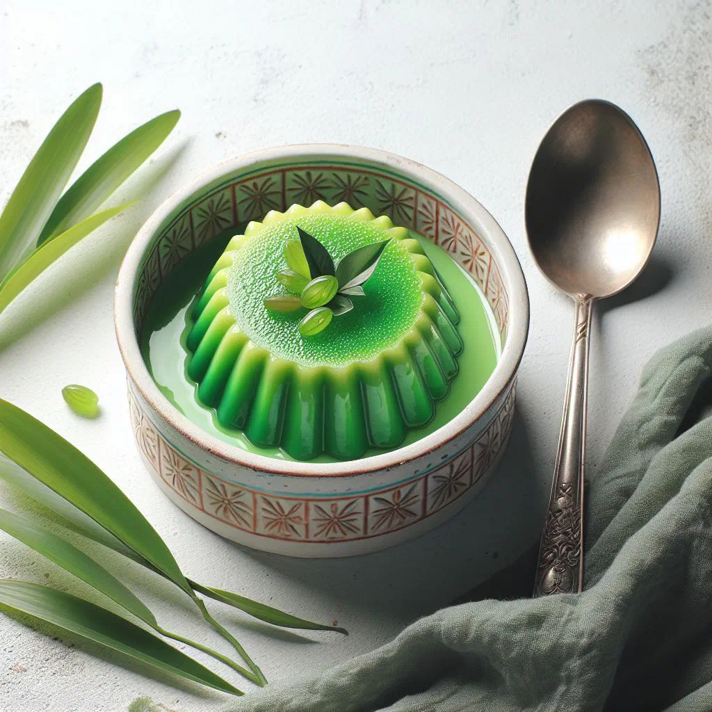 Chilled pandanus pudding in a dessert glass topped with coconut and fresh fruit