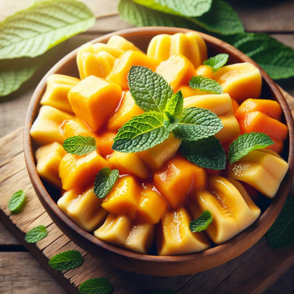 Colourful pawpaw salad with diced papaya, cucumber, tomato and fresh herbs