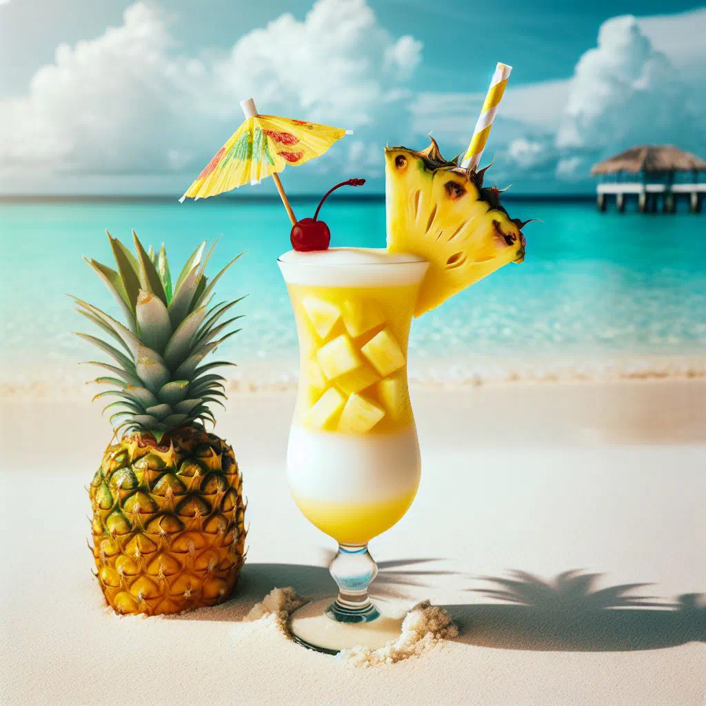 Chilled pineapple coconut drink garnished with fresh mint