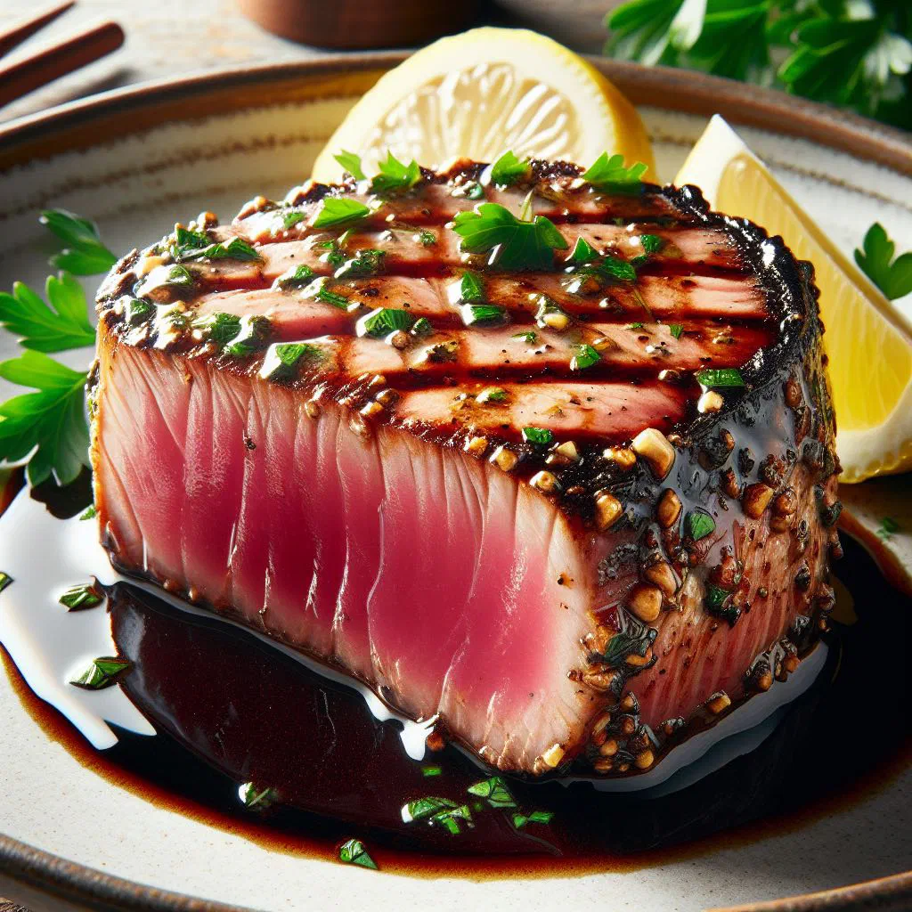 Seared tuna glazed with soy sauce and garnished with fresh herbs