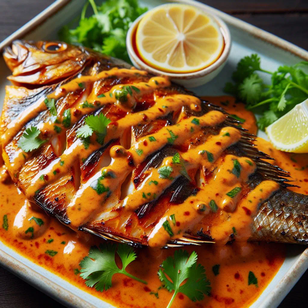 Spicy coconut fish in a bowl garnished with fresh coriander and lime