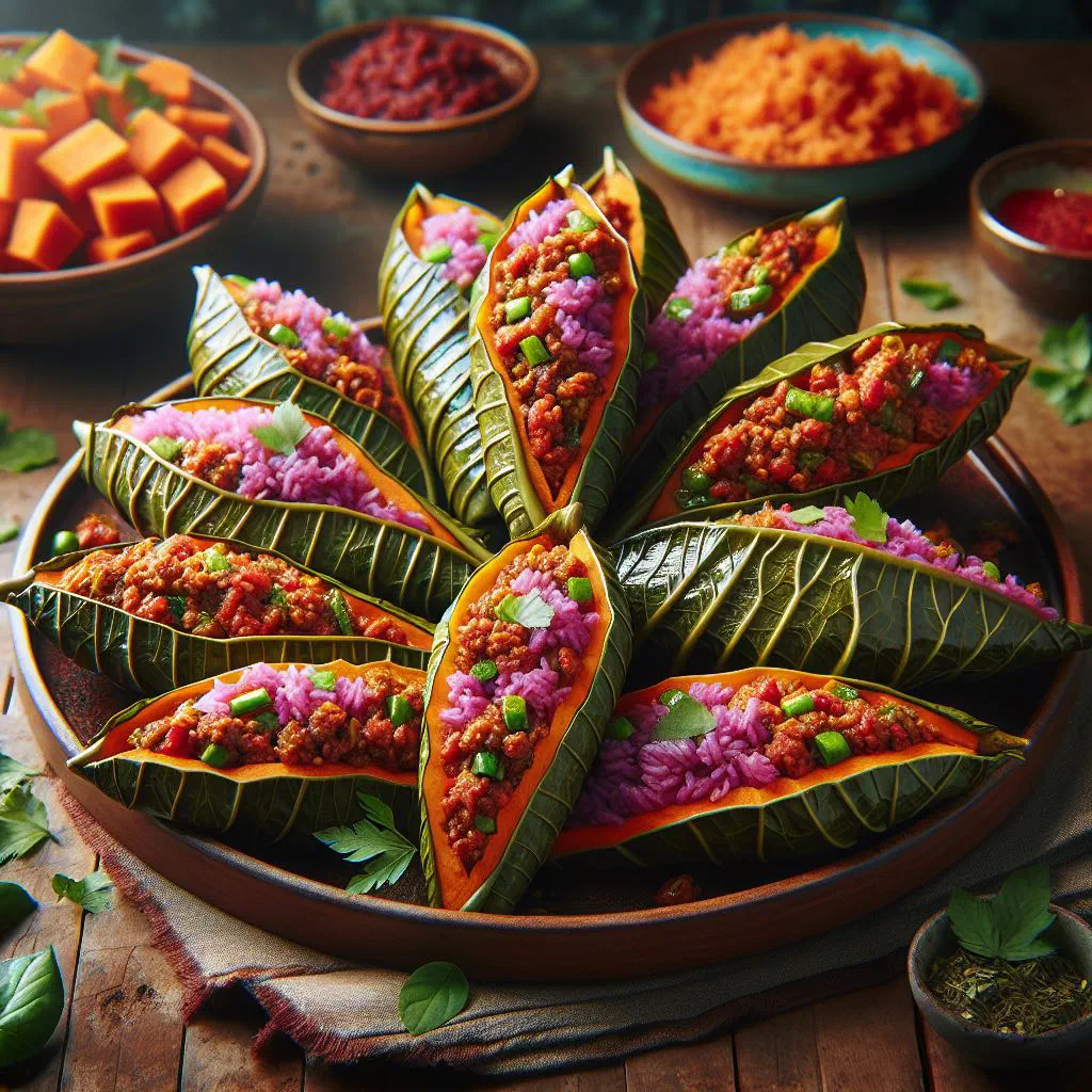 Rolled stuffed sweet potato leaves on a plate garnished with fresh herbs