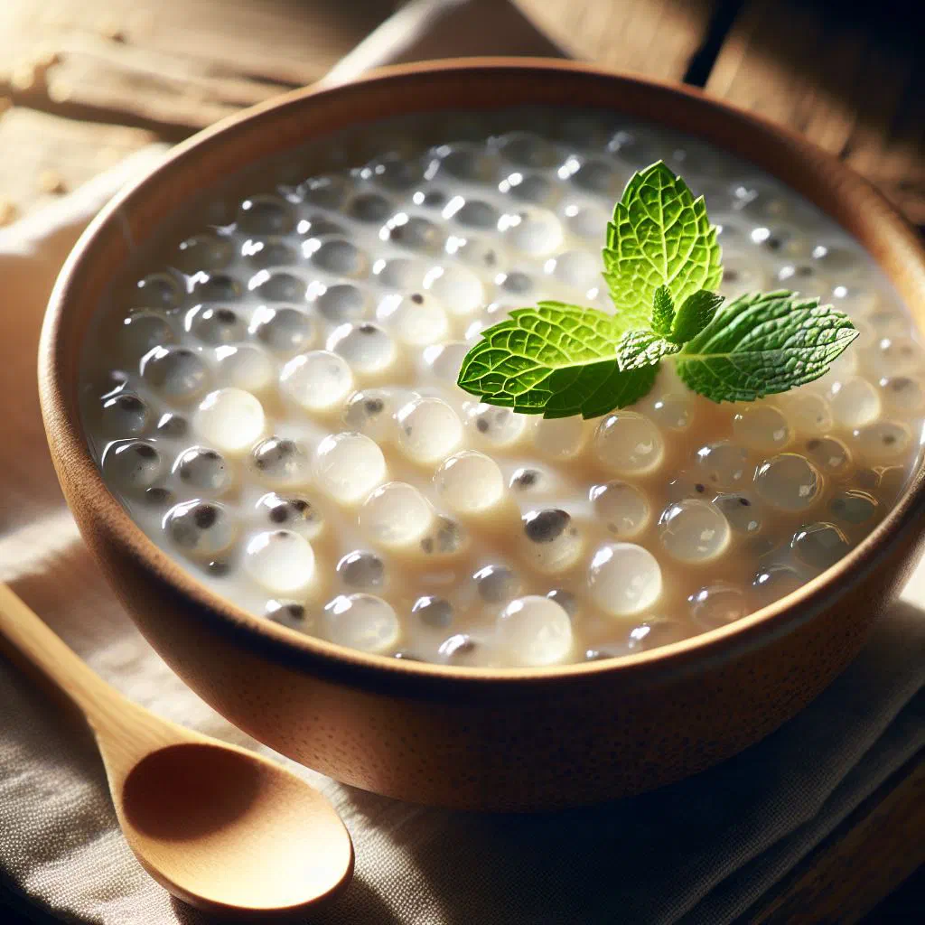 Creamy tapioca pudding in a small glass bowl topped with fresh fruit