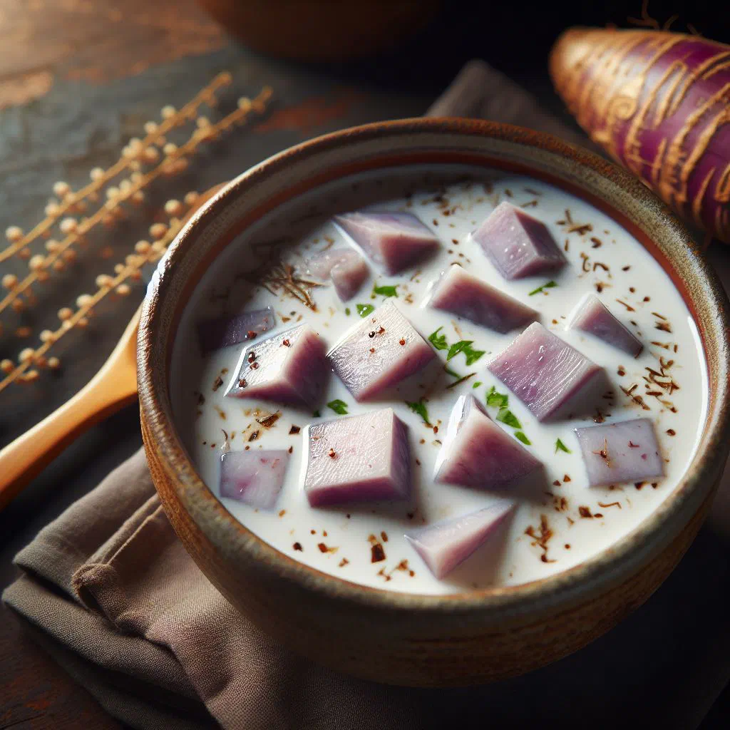 Creamy taro and coconut soup garnished with fresh coriander