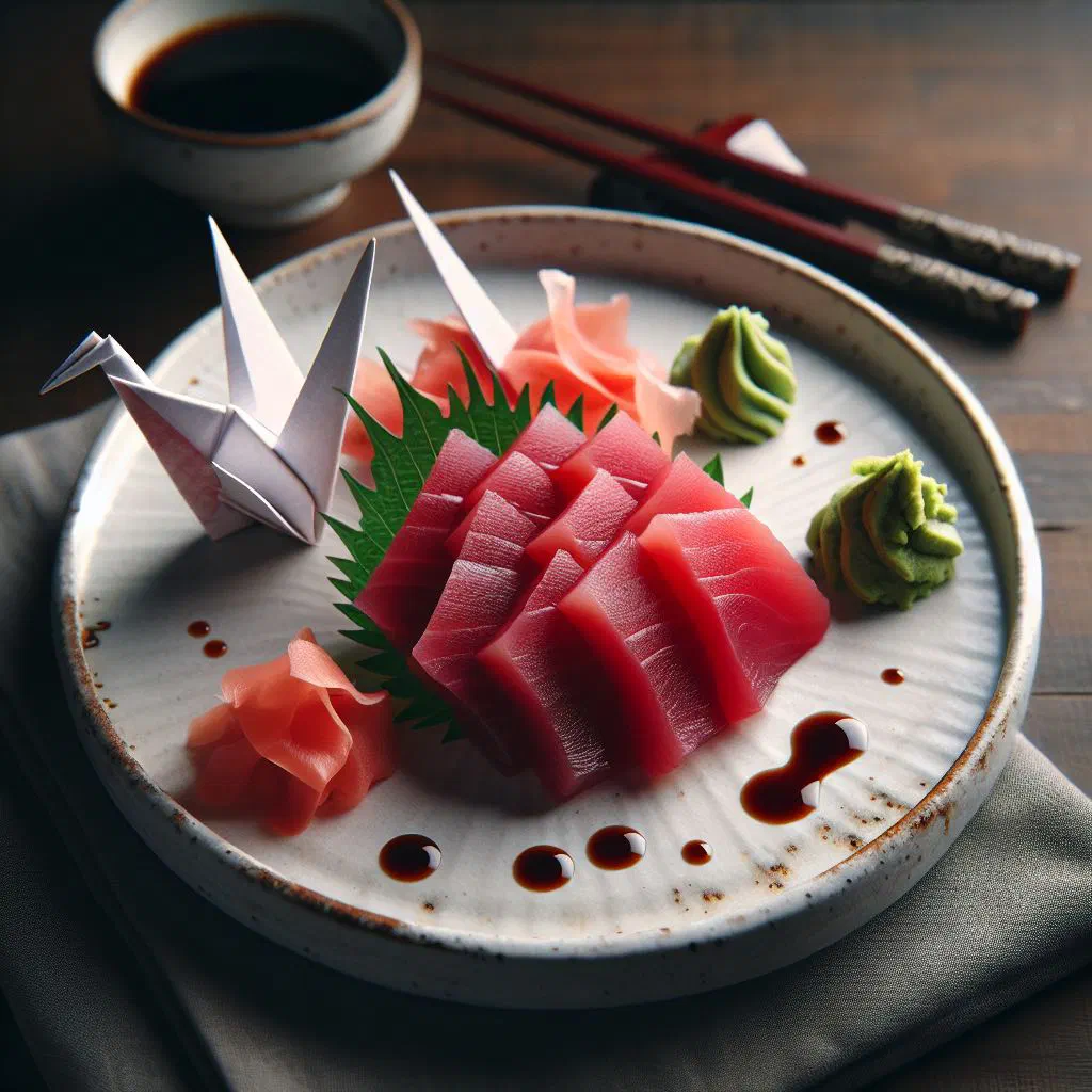 Thinly sliced fresh tuna sashimi garnished with ginger and coriander