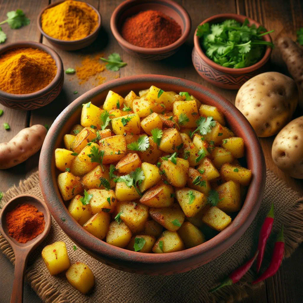 Spiced Nepalese potato side dish garnished with fresh coriander