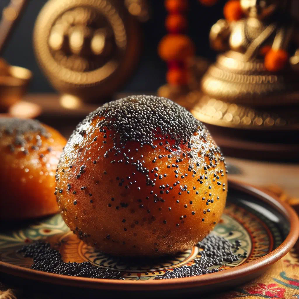 Golden Nepalese anarsa rice cookies coated in toasted sesame seeds