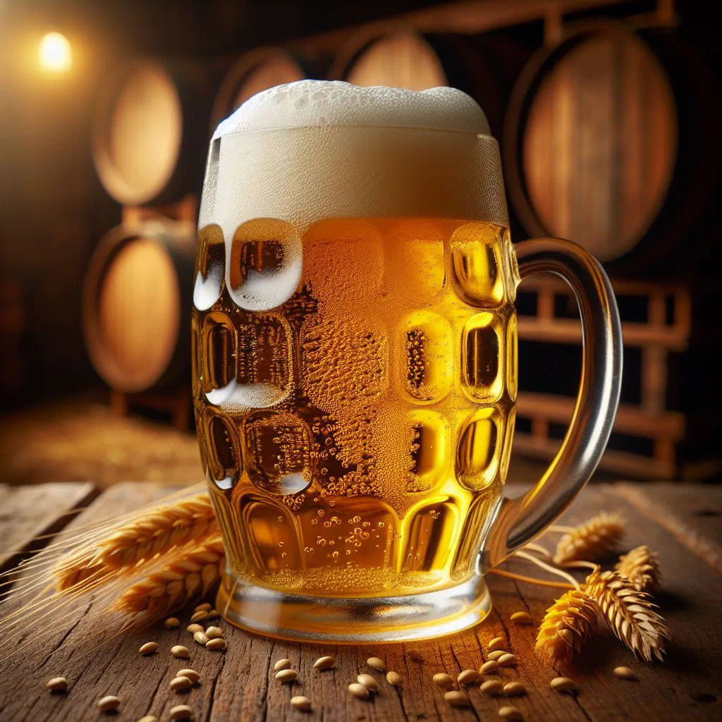 Glass of cloudy homemade Nepalese barley beer beside barley grains