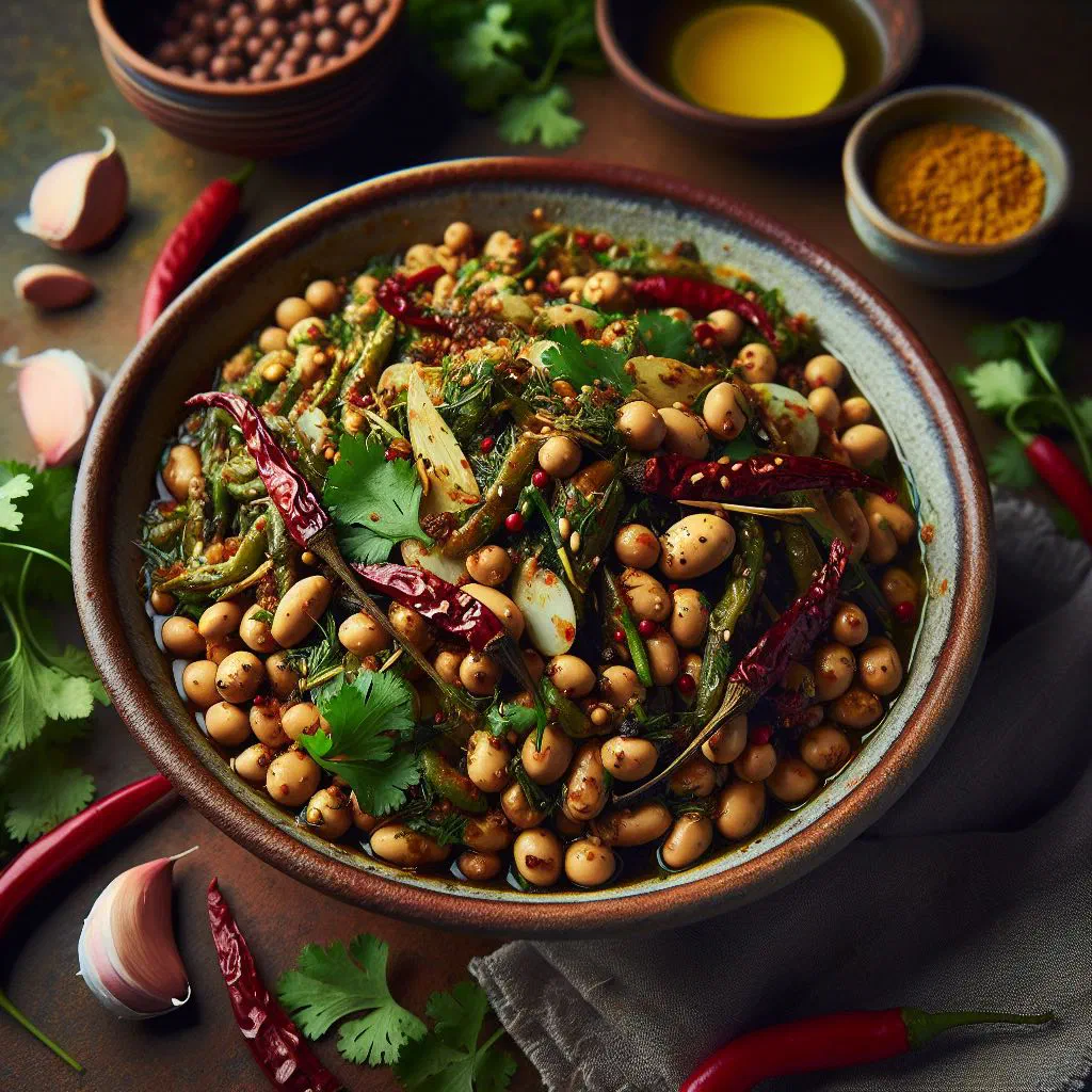 Spicy roasted soybeans with coriander and green chillies in a bowl