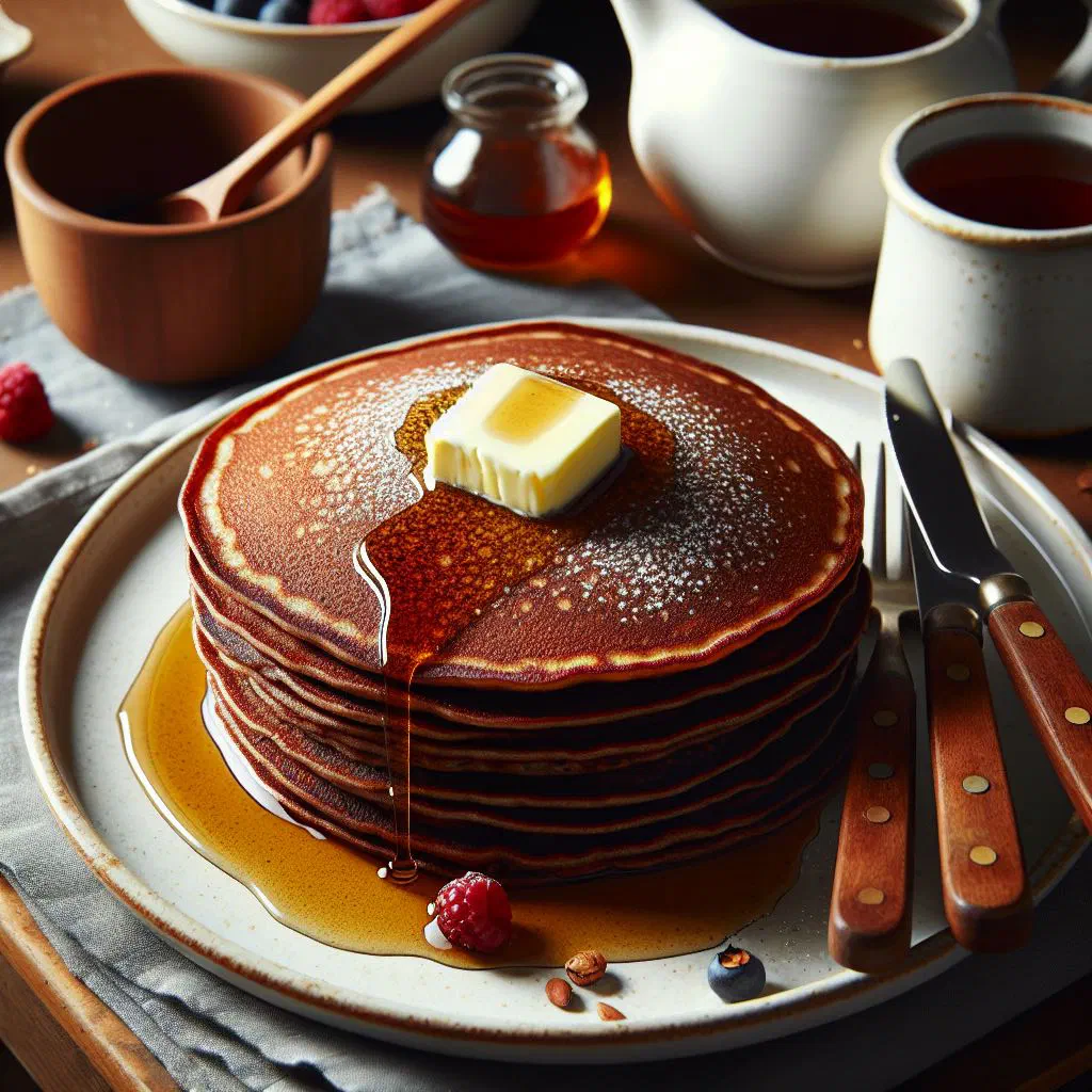 Golden buckwheat pancakes on a plate garnished with fresh herbs