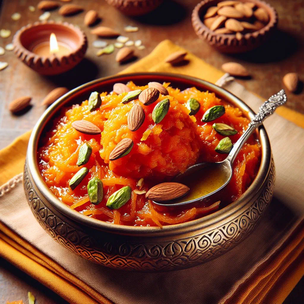 Warm carrot halwa garnished with chopped nuts and raisins