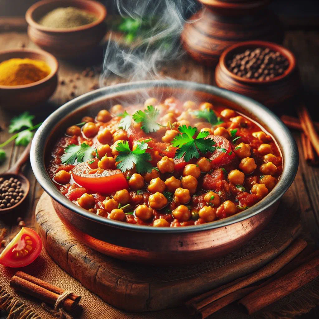 Chana masala chickpea curry garnished with fresh coriander