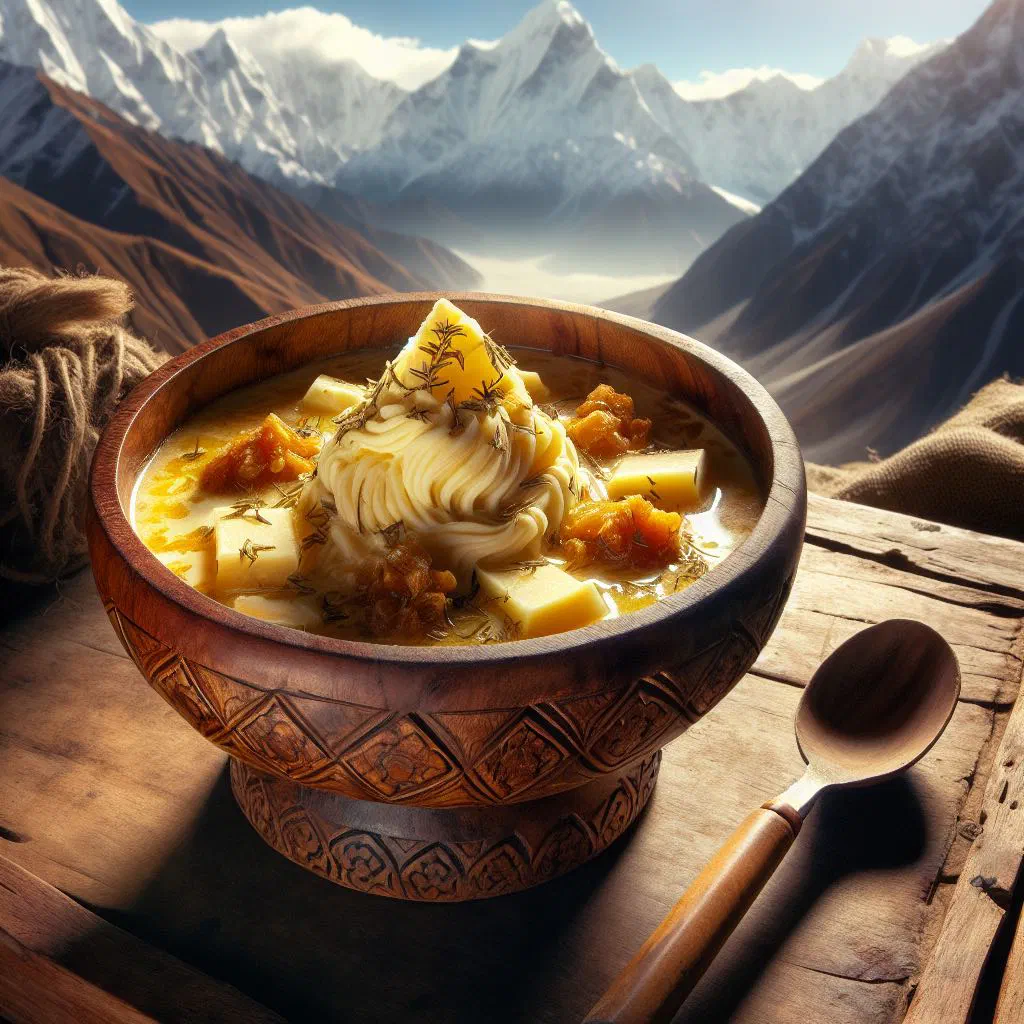 A steaming bowl of Nepalese chhurpi soup garnished with fresh coriander