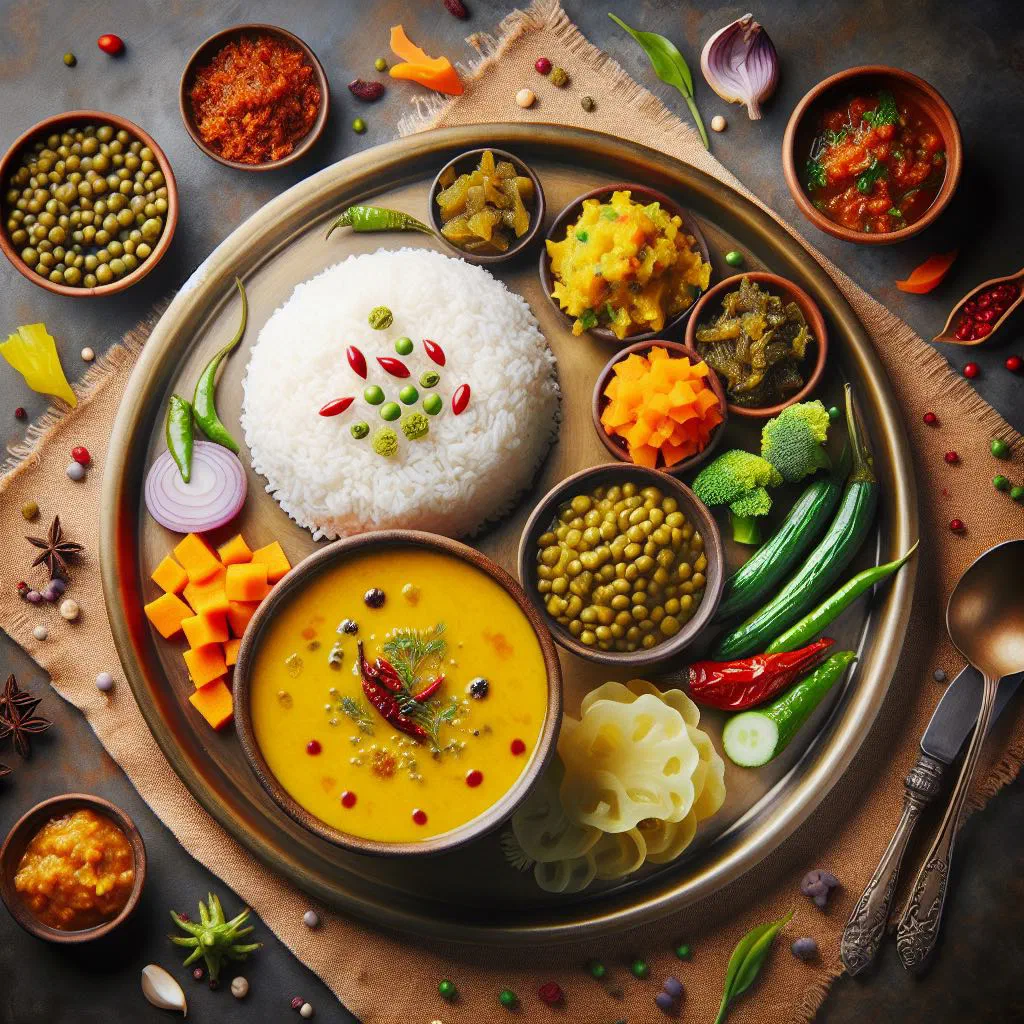 Dal bhat with steamed rice and a bowl of spiced lentil soup