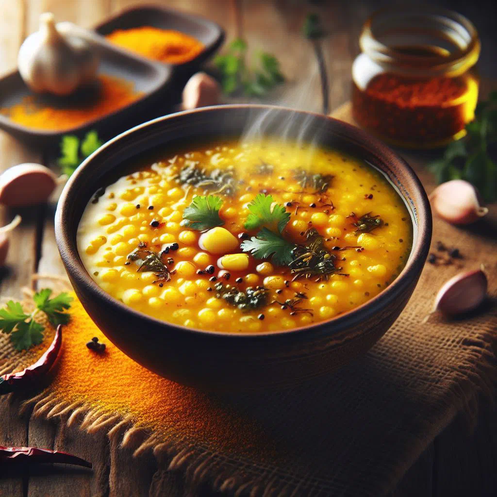 A bowl of dal fry garnished with fresh coriander