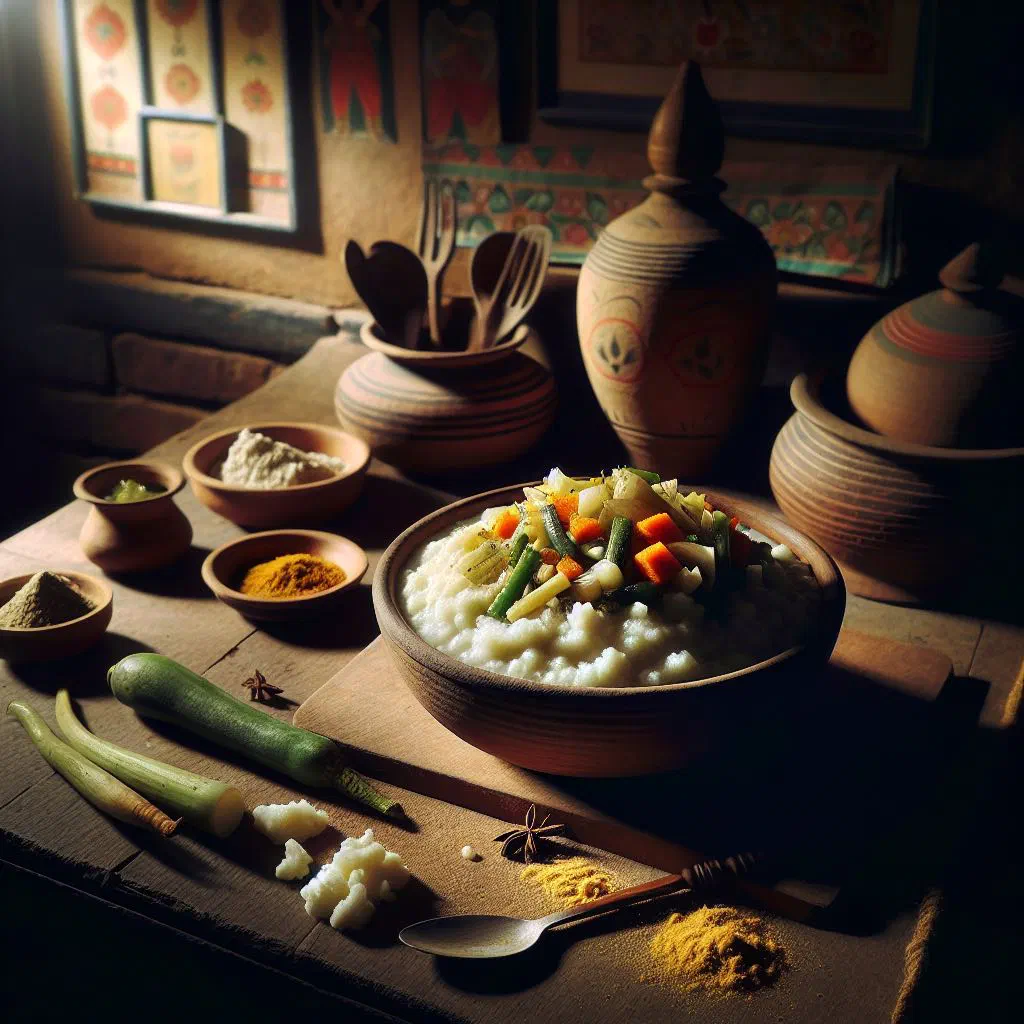 Bowl of dhido porridge served with a spiced mixed vegetable tarkari