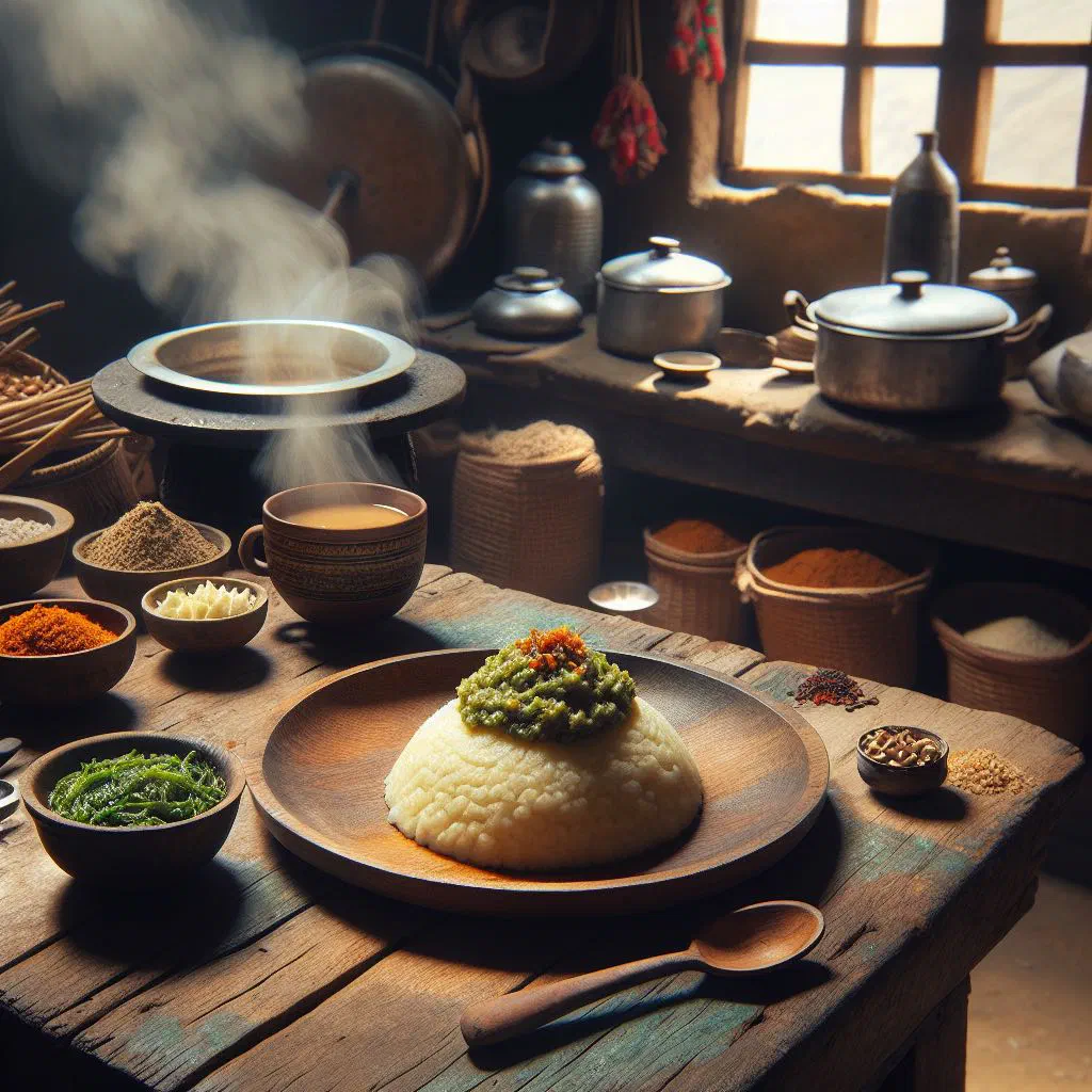 Bowl of warm dhindo served with cooked vegetables