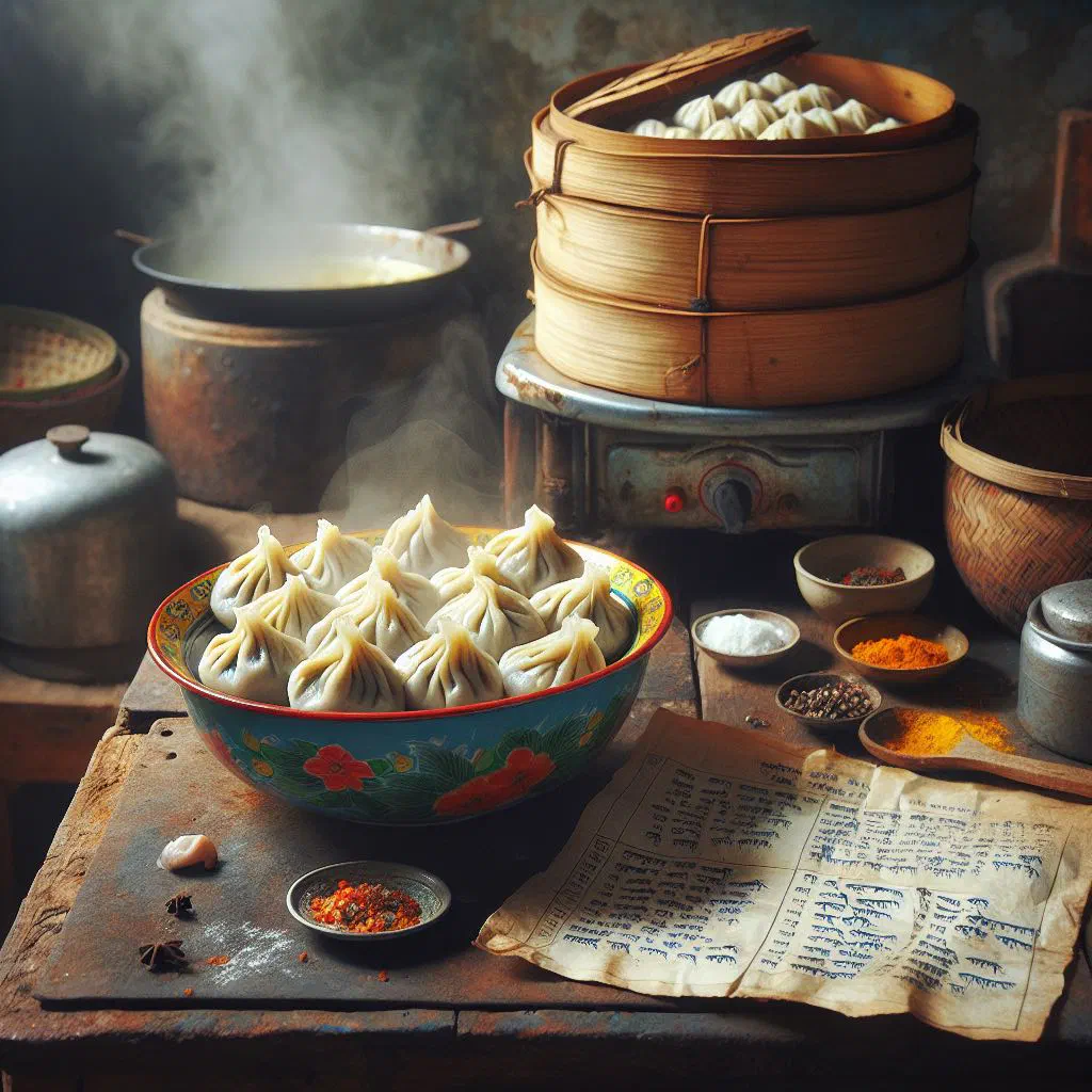 Steamed Nepalese momo dumplings served with a spicy dipping sauce