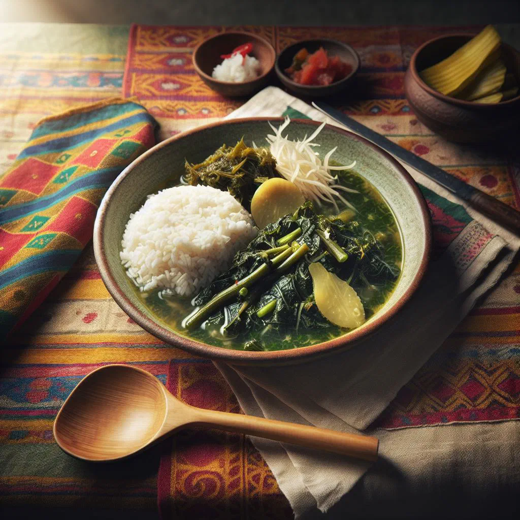Bowl of Gundruk Ko Jaan made from fermented leafy greens garnished with fresh coriander
