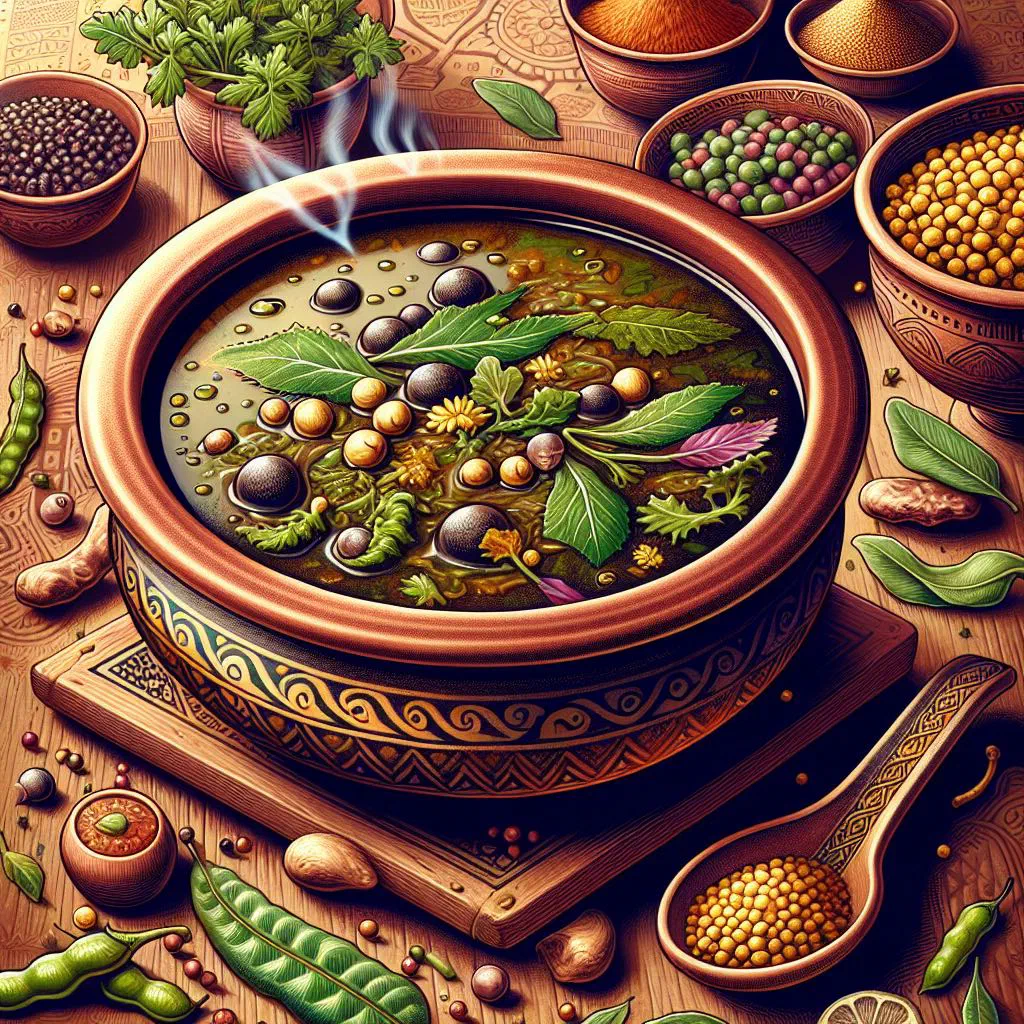 A bowl of Nepalese gundruk soup garnished with fresh coriander