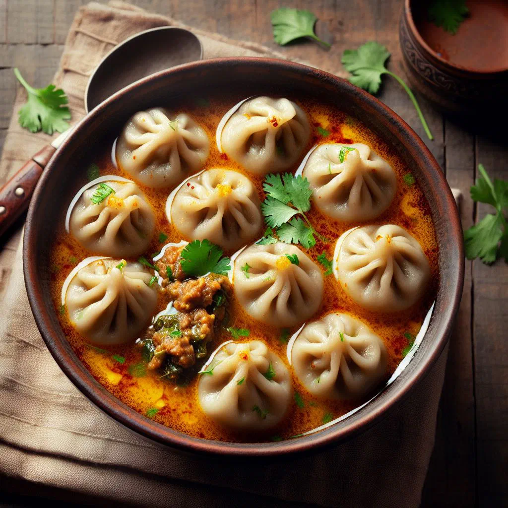 Steamed Nepalese dumplings served in a spiced broth with fresh coriander