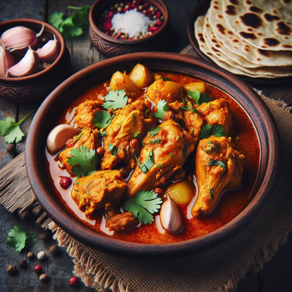 Nepalese chicken curry garnished with fresh coriander