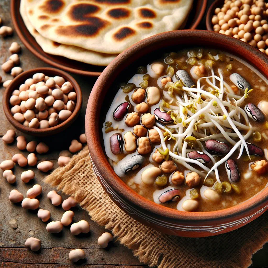 Bowl of Nepalese kwati mixed-bean soup garnished with fresh coriander